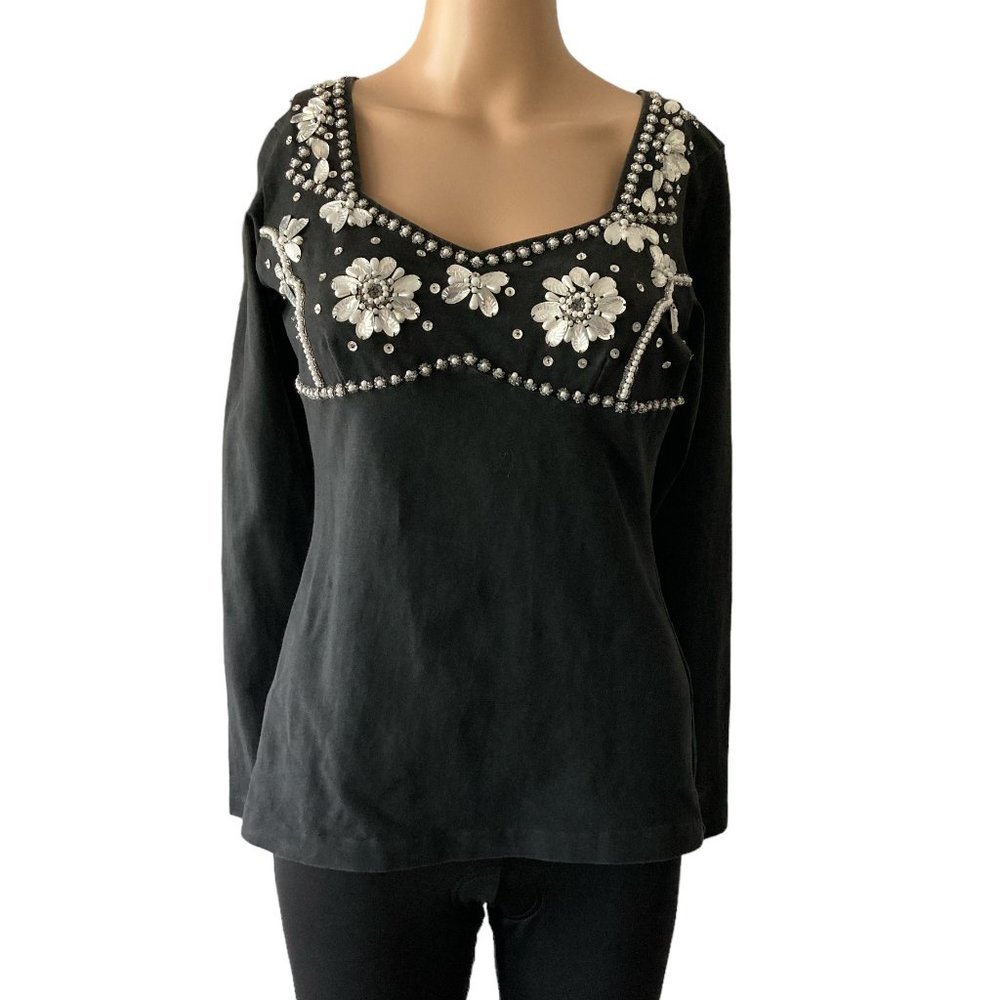 Black Embellished Floral Scoop Neck Blouse